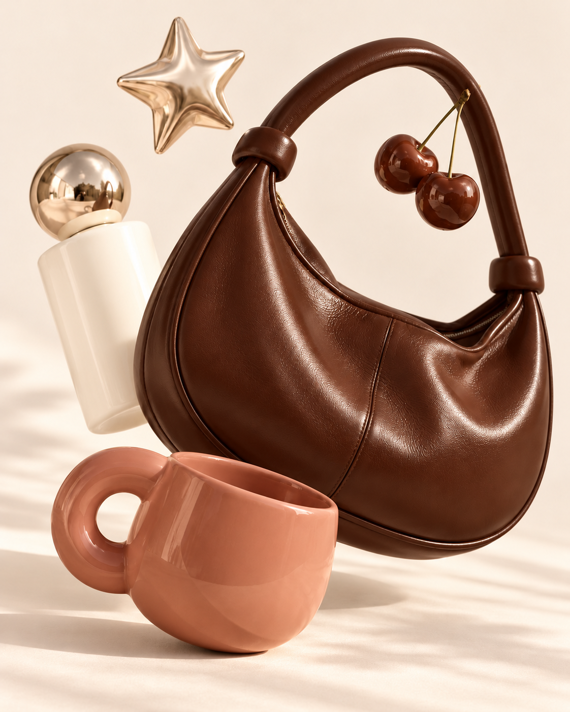 Composição editorial em tons de chocolate, terracota e creme, com bolsa, xícara e cosmético.